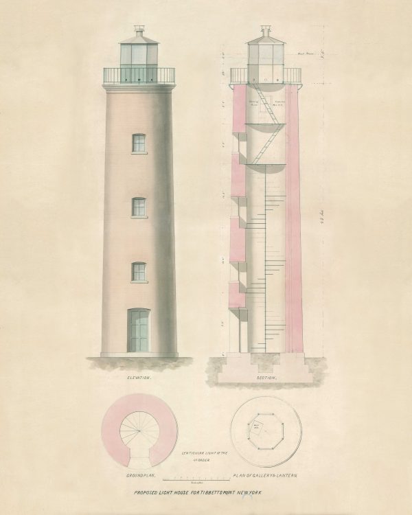 Tibbetts Point Light Blueprint - New York Lighthouse, Nautical Poster, Beach House Décor, Cape Vincent Lighthouse Poster Print