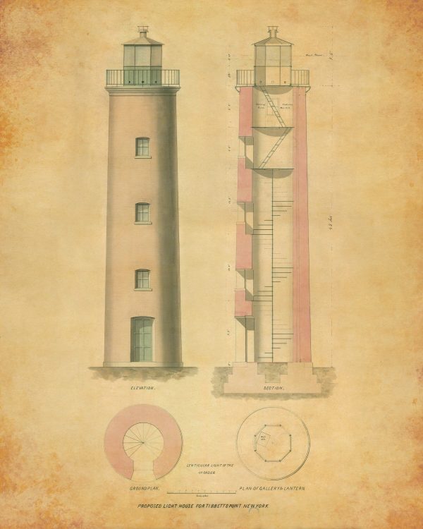 Tibbetts Point Light Blueprint - New York Lighthouse, Nautical Poster, Beach House Décor, Cape Vincent Lighthouse Poster Print