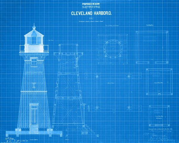 Cleveland Harbor West Pierhead Lighthouse Blueprint - Lighthouse Drawing, Nautical Poster, Beach House Décor, Ohio Lighthouse Poster Print