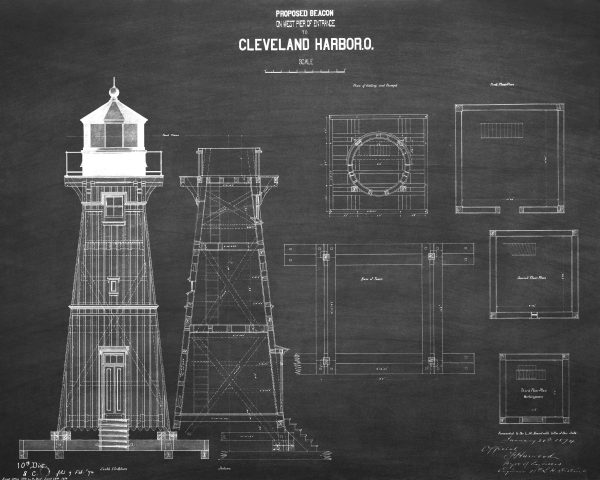 Cleveland Harbor West Pierhead Lighthouse Blueprint - Lighthouse Drawing, Nautical Poster, Beach House Décor, Ohio Lighthouse Poster Print