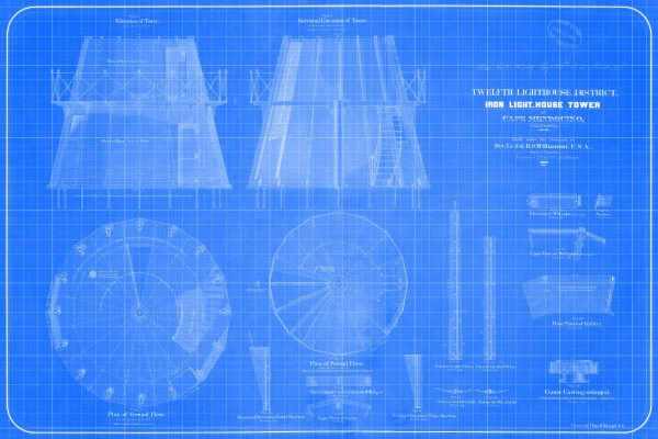 Cape Mendocino Lighthouse Blueprint - California Lighthouse, Maritime Poster, Beach House Décor, Lighthouse Poster, Nautical Print