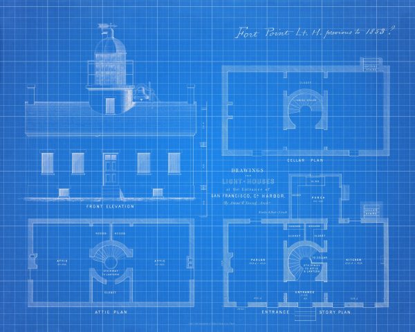 Fort Point Lighthouse Blueprint - California Lighthouse, Maritime Poster, Beach House Décor, Lighthouse Poster, Nautical Print