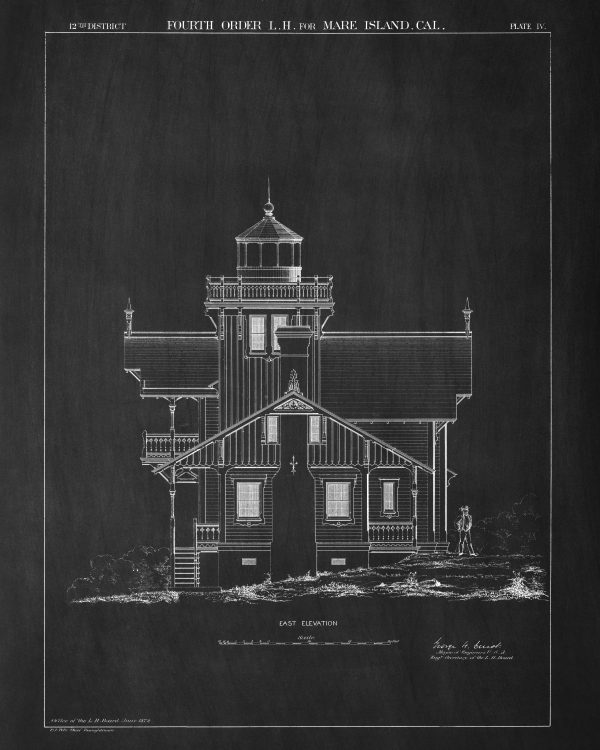 Mare Island Lighthouse Blueprint Drawing - California Lighthouse, Maritime Poster, Beach House Decor, Lighthouse Poster, Nautical Décor