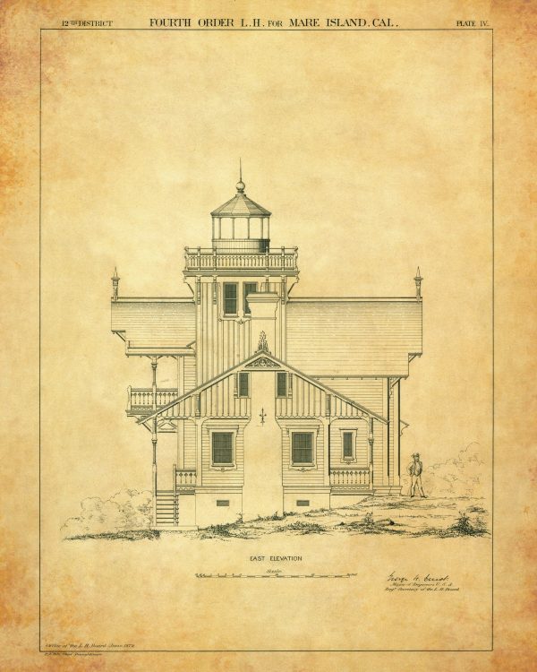 Mare Island Lighthouse Blueprint Drawing - California Lighthouse, Maritime Poster, Beach House Decor, Lighthouse Poster, Nautical Décor