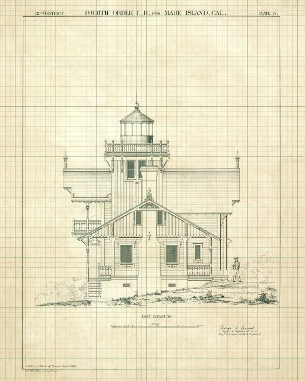 Mare Island Lighthouse Blueprint Drawing - California Lighthouse, Maritime Poster, Beach House Decor, Lighthouse Poster, Nautical Décor