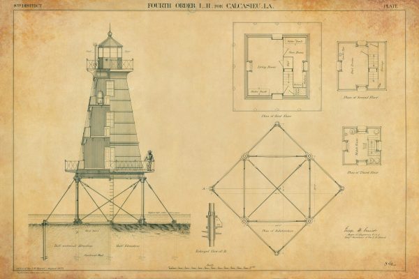 Calcasieu Lighthouse Blueprint - Louisiana Lighthouse, Lighthouse Print, Maritime Poster, Beach House Decor, Nautical Poster Print,