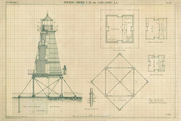 Calcasieu Lighthouse Blueprint - Louisiana Lighthouse, Lighthouse Print, Maritime Poster, Beach House Decor, Nautical Poster Print,