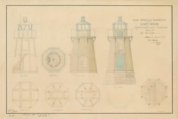 Portland Breakwater Lighthouse Blueprint - Maine Lighthouse, Lighthouse Print, Bug Light Poster, Beach House Décor, Nautical Poster Print,