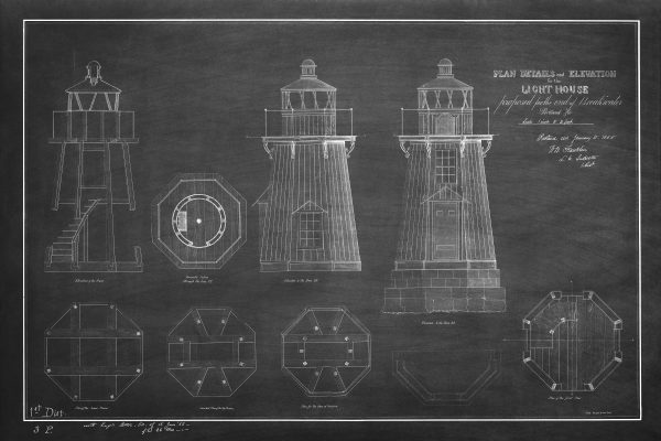 Portland Breakwater Lighthouse Blueprint - Maine Lighthouse, Lighthouse Print, Bug Light Poster, Beach House Décor, Nautical Poster Print,