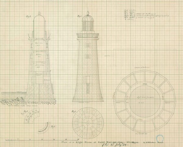 Waugoshance Lighthouse Drawing Blueprint - Lighthouse Print, Nautical Poster, Beach House Décor, Lighthouse Poster, Michigan Light Station