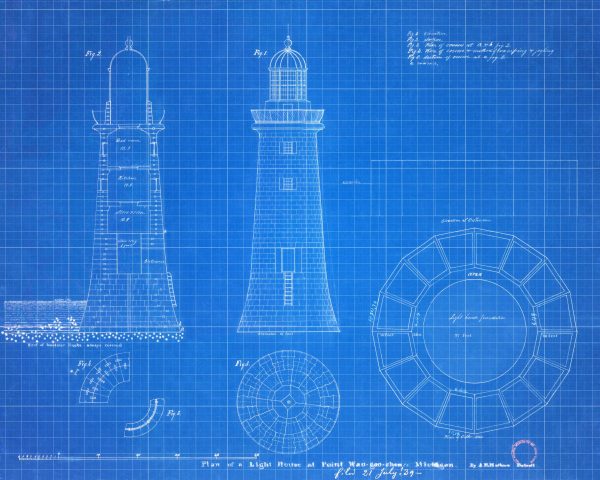 Waugoshance Lighthouse Drawing Blueprint - Lighthouse Print, Nautical Poster, Beach House Décor, Lighthouse Poster, Michigan Light Station