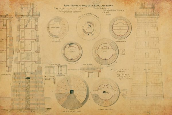 Spectacle Reef Lighthouse Blueprint - Michigan Lighthouse, Lake Huron Lighthouse Print Poster, Beach House Décor, Nautical Poster Print