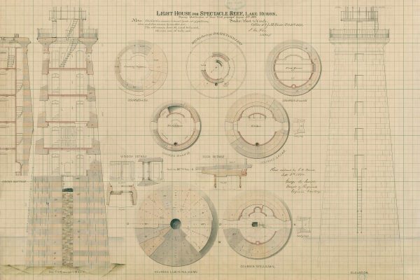 Spectacle Reef Lighthouse Blueprint - Michigan Lighthouse, Lake Huron Lighthouse Print Poster, Beach House Décor, Nautical Poster Print