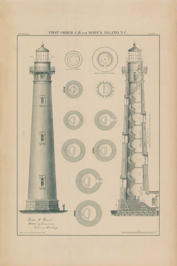 Bodie Island Lighthouse Plan Drawing - North Carolina Lighthouse, Pier Lighthouse, Lighthouse Print, Beach House Décor, Nautical Décor Print