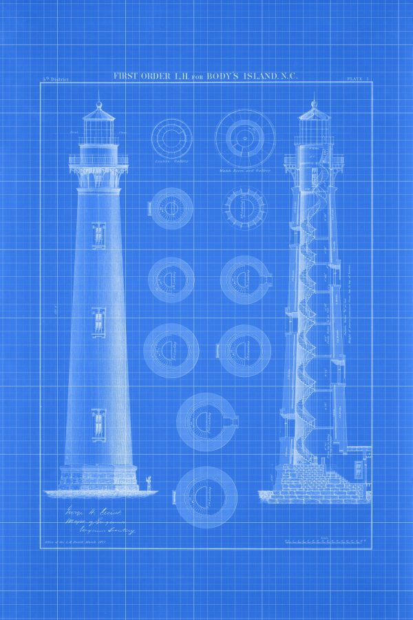 Bodie Island Lighthouse Plan Drawing - North Carolina Lighthouse, Pier Lighthouse, Lighthouse Print, Beach House Décor, Nautical Décor Print