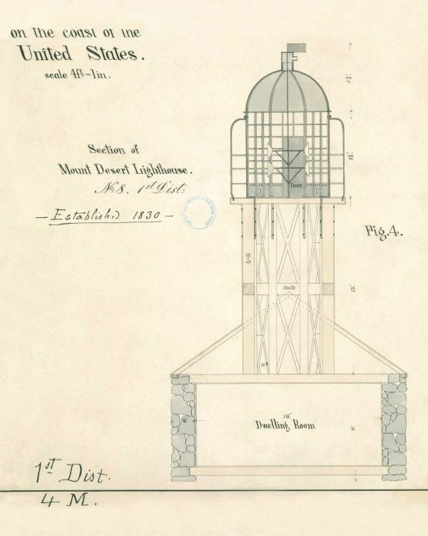 Mount Desert Lighthouse Section Blueprint - 1830 Lighthouse Drawing, Beach House Décor, Maine Lighthouse Print, Maritime Nautical Poster