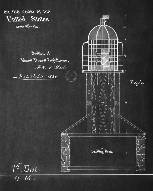 Mount Desert Lighthouse Section Blueprint - 1830 Lighthouse Drawing, Beach House Décor, Maine Lighthouse Print, Maritime Nautical Poster