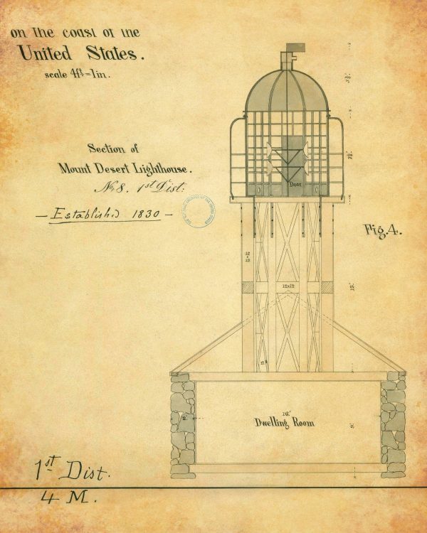 Mount Desert Lighthouse Section Blueprint - 1830 Lighthouse Drawing, Beach House Décor, Maine Lighthouse Print, Maritime Nautical Poster