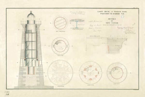 Whales Back Lighthouse Detail Drawing - New Hampshire Lighthouse, Lighthouse Print, Maritime Poster, Beach House Decor, Portsmouth Harbor