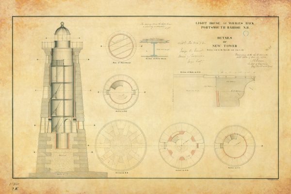 Whales Back Lighthouse Detail Drawing - New Hampshire Lighthouse, Lighthouse Print, Maritime Poster, Beach House Decor, Portsmouth Harbor