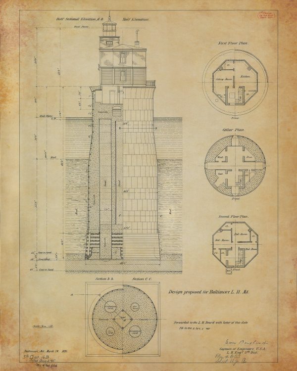 Baltimore Lighthouse Blueprint - Maryland Lighthouse, Lighthouse Poster Print, Maritime Poster, Beach House Décor, Nautical Decor Print