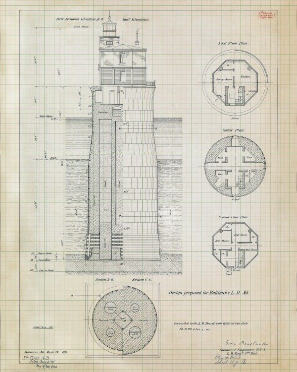 Baltimore Lighthouse Blueprint - Maryland Lighthouse, Lighthouse Poster Print, Maritime Poster, Beach House Décor, Nautical Decor Print