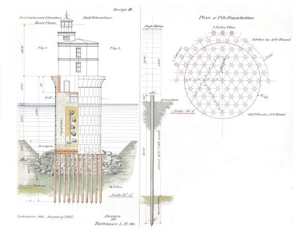 Baltimore Lighthouse Section Elevation Blueprint - Maryland Lighthouse, Lighthouse Poster Print, Beach House Décor, Nautical Décor Print