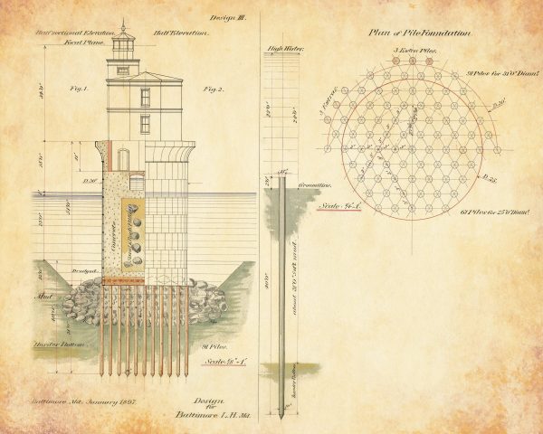 Baltimore Lighthouse Section Elevation Blueprint - Maryland Lighthouse, Lighthouse Poster Print, Beach House Décor, Nautical Décor Print