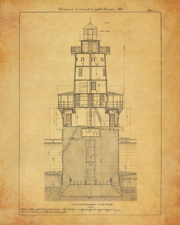 Hooper Island Lighthouse Blueprint - Maryland Lighthouse, Lighthouse Poster Print, Maritime Poster, Beach House Décor, Nautical Decor Print