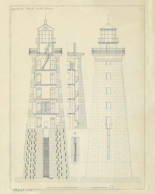 Spectacle Reef Lighthouse Section Drawing - Michigan Lighthouse, Lake Huron Lighthouse Poster, Beach House Décor, Nautical Poster Print