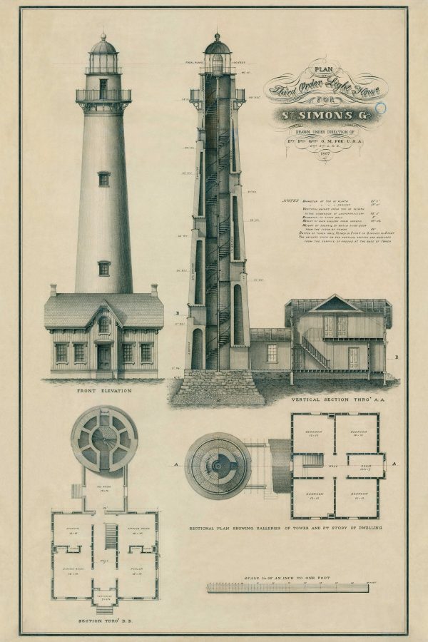 St. Simons Lighthouse Blueprint - Georgia Lighthouse, Lighthouse Print, Maritime Poster, Beach House Décor, Nautical Lighthouse Poster