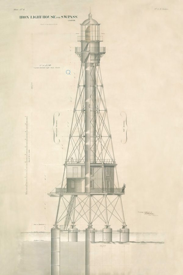 Southwest Pass Iron Lighthouse Blueprint - Louisiana Lighthouse, Lighthouse Print, Maritime Poster, Beach House Decor, Lighthouse Poster