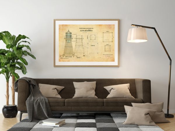 Cleveland Harbor East Pier Lighthouse Blueprint - Lighthouse Drawing, Nautical Poster, Beach House Décor, Ohio Lighthouse Poster Print