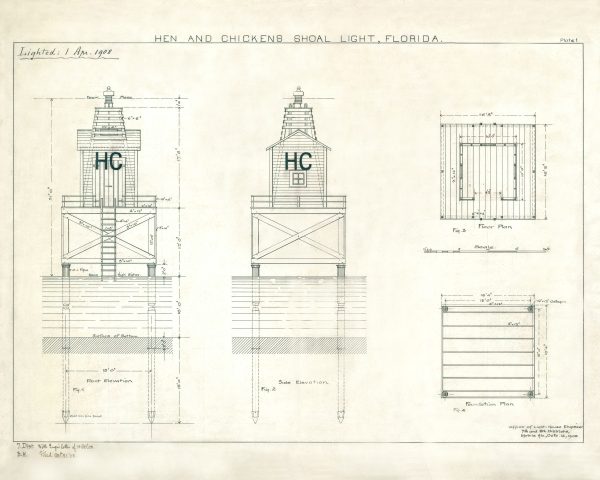Hen and Chickens Shoal Lighthouse Drawing - Florida Lighthouse, Lighthouse Poster, Beach House Décor, Nautical Poster Print, Maritime Poster