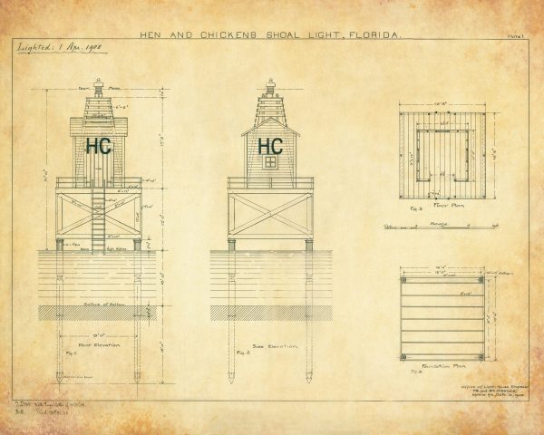 Hen and Chickens Shoal Lighthouse Drawing - Florida Lighthouse, Lighthouse Poster, Beach House Décor, Nautical Poster Print, Maritime Poster