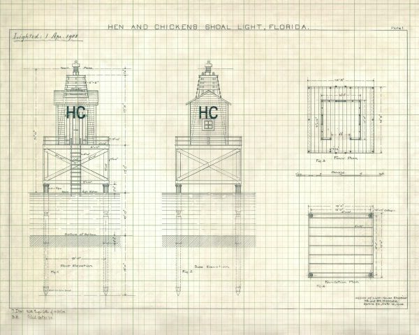 Hen and Chickens Shoal Lighthouse Drawing - Florida Lighthouse, Lighthouse Poster, Beach House Décor, Nautical Poster Print, Maritime Poster