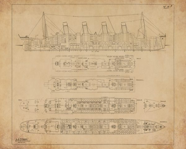 RMS Titanic Blueprint Drawing - Ship Blueprint, Ship Drawing, Titanic Drawing, Old Ship Blueprint, Ship Poster, Nautical Blueprint Décor