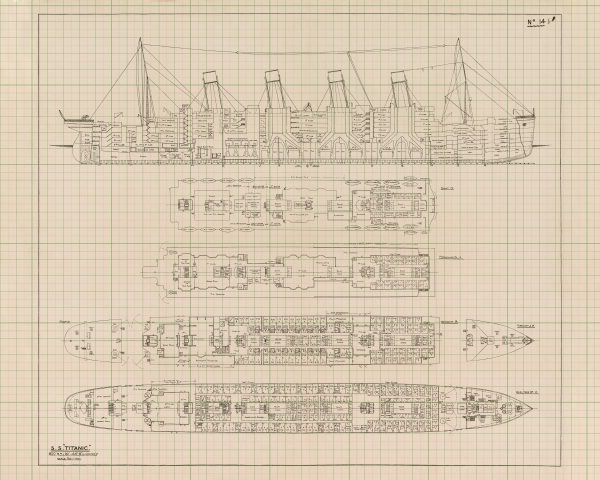 RMS Titanic Blueprint Drawing - Ship Blueprint, Ship Drawing, Titanic Drawing, Old Ship Blueprint, Ship Poster, Nautical Blueprint Décor