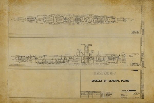 USS Seawolf Submarine Blueprint - Nautical Poster, Ship Blueprint, Submarine Drawing, USS SS-197 Print, Old Sub Blueprint, Navy Blueprint