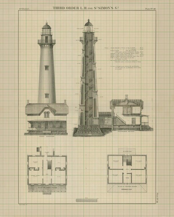 St. Simons Lighthouse Elevation & Section Drawing - Georgia Lighthouse, Maritime Poster, Beach House Décor, Nautical Lighthouse Poster Print