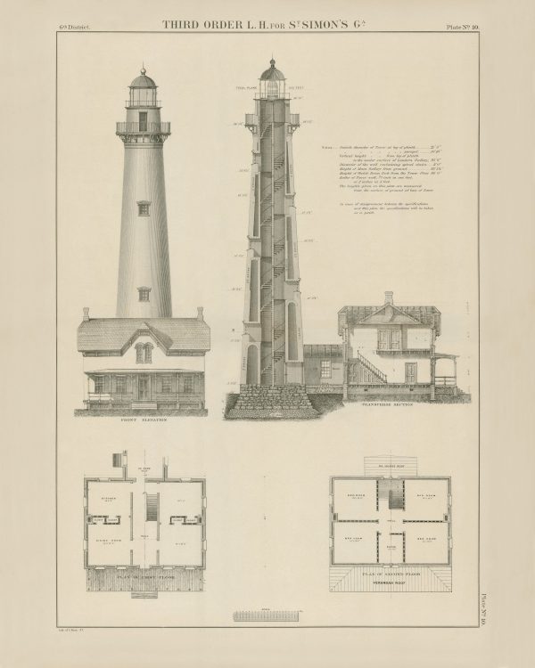 St. Simons Lighthouse Elevation & Section Drawing - Georgia Lighthouse, Maritime Poster, Beach House Décor, Nautical Lighthouse Poster Print