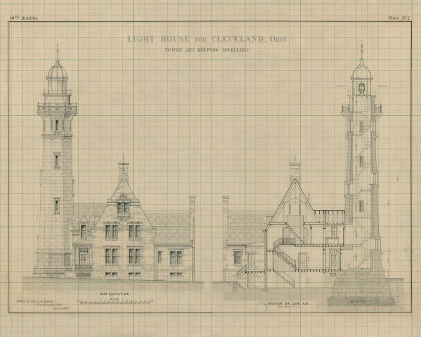 Cleveland Lighthouse Tower and Dwelling Blueprint - Lighthouse Drawing, Nautical Poster, Beach House Décor, Ohio Lighthouse Poster Print