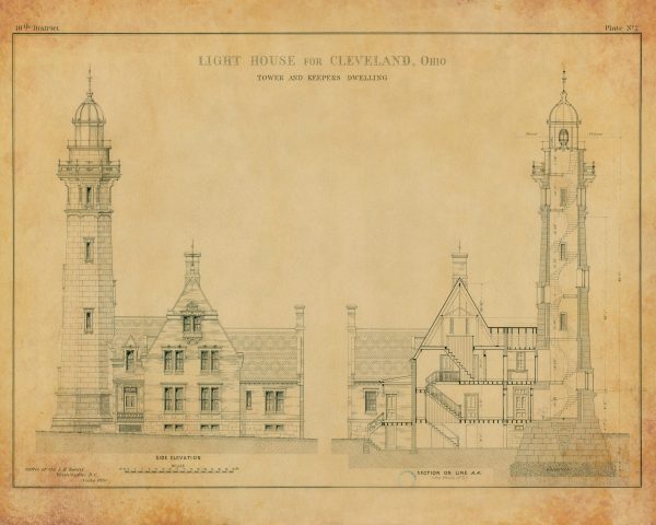 Cleveland Lighthouse Tower and Dwelling Blueprint - Lighthouse Drawing, Nautical Poster, Beach House Décor, Ohio Lighthouse Poster Print