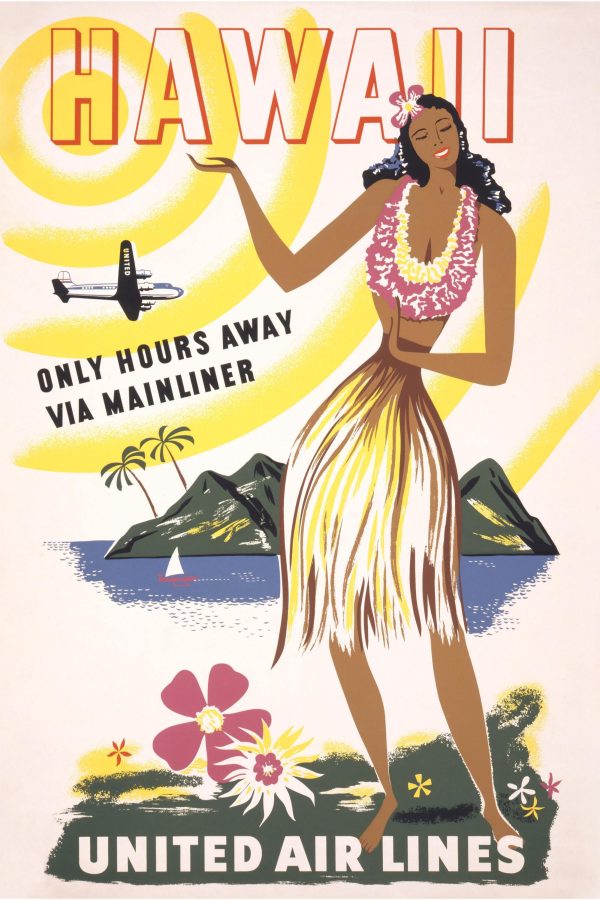 Hawaii Travel Poster - 1950s United Air Lines, Retro Wall Art, Mid-Century Decor, Tropical Paradise, Travel Gift