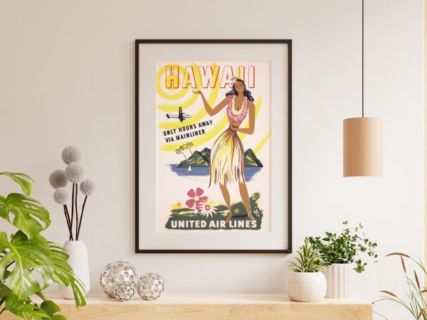 Hawaii Travel Poster - 1950s United Air Lines, Retro Wall Art, Mid-Century Decor, Tropical Paradise, Travel Gift