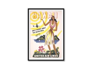 Hawaii Travel Poster – 1950s United Air Lines, Retro Wall Art, Mid-Century Decor, Tropical Paradise, Travel Gift