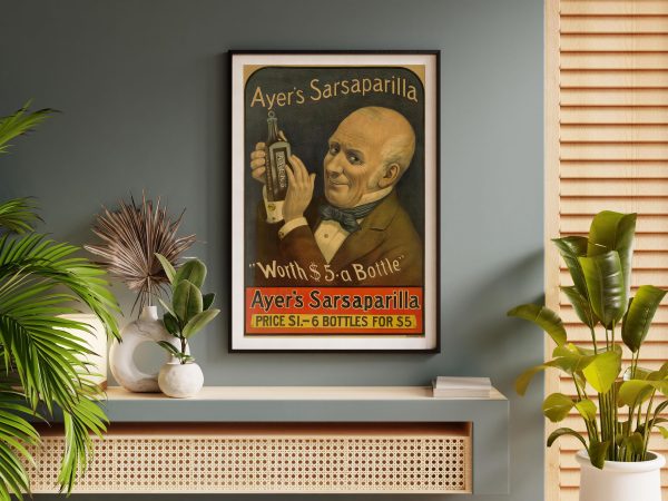 Tonic Advertisement Poster - Late 1800s Ayer’s Sarsaparilla, Retro Medical Decor, Antique Advertising, Quirky Wall Art