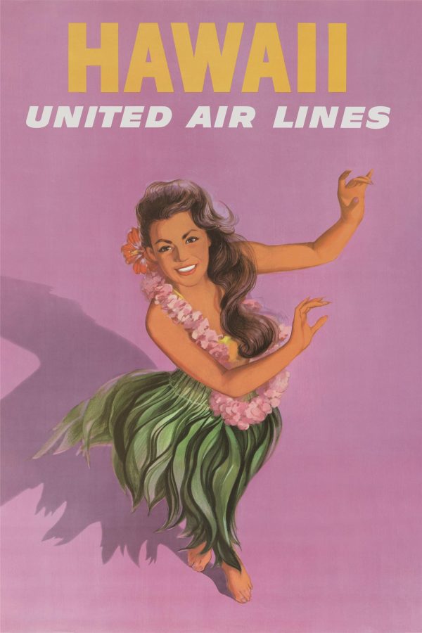 Hawaii Travel Poster - 1960s United Air Lines, Retro Wall Art, Mid-Century Modern Decor, Hula Dancer Art, Tropical Vacation Gift