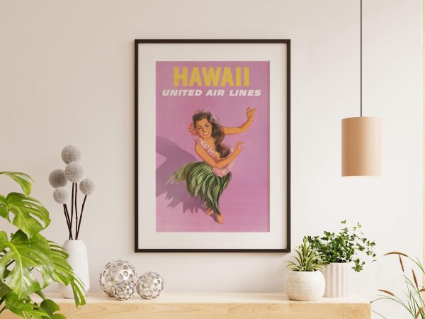 Hawaii Travel Poster - 1960s United Air Lines, Retro Wall Art, Mid-Century Modern Decor, Hula Dancer Art, Tropical Vacation Gift