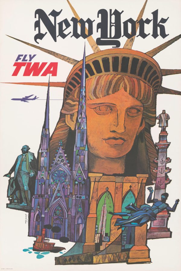 Airline New York Travel Poster - 1960s TWA, Retro New York Art, Mid-Century Modern Decor, Aviation History Gift, Statue of Liberty Art